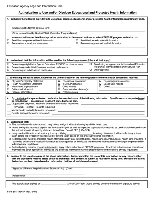 Form 581-1196-P Authorization To Use And/or Disclose Educational And Protected Health Information Printable pdf