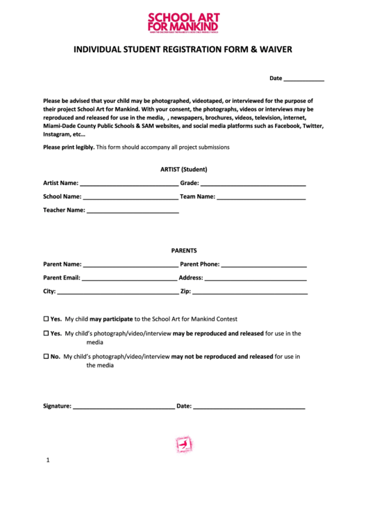 Individual Student Registration Form & Waiver Printable pdf
