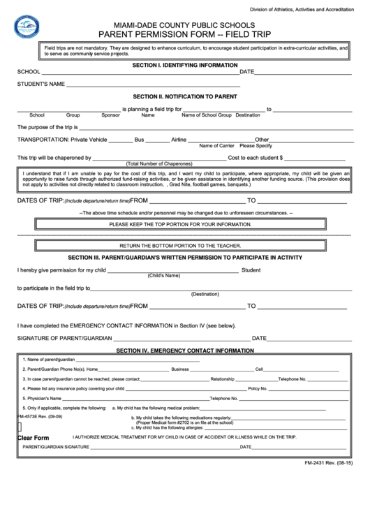 Fm-2431 Form - Parent Permission Form - Field Trip - Miami-dade County Public Schools