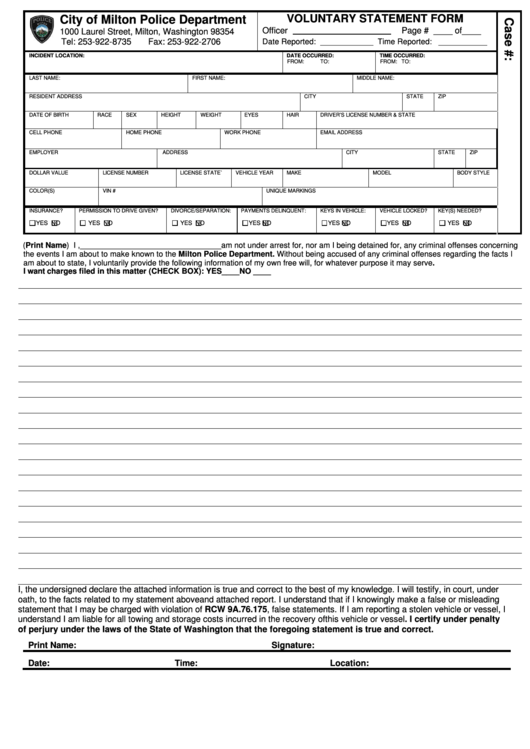 Voluntary Statement Form - City Of Milton Police Department