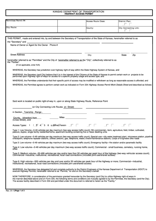 D.o.t. Form 309 - Highway Access Permit - Kansas Department Of Transportation Printable pdf