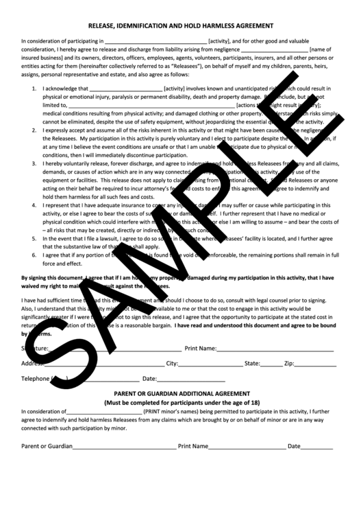 Release, Idemnification And Hold Harmless Agreement Template Printable pdf