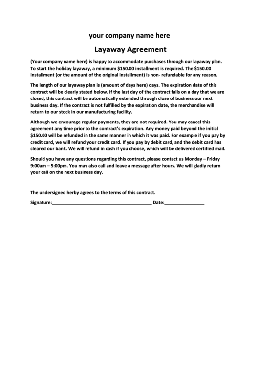 Layaway Business Agreement Template printable pdf download