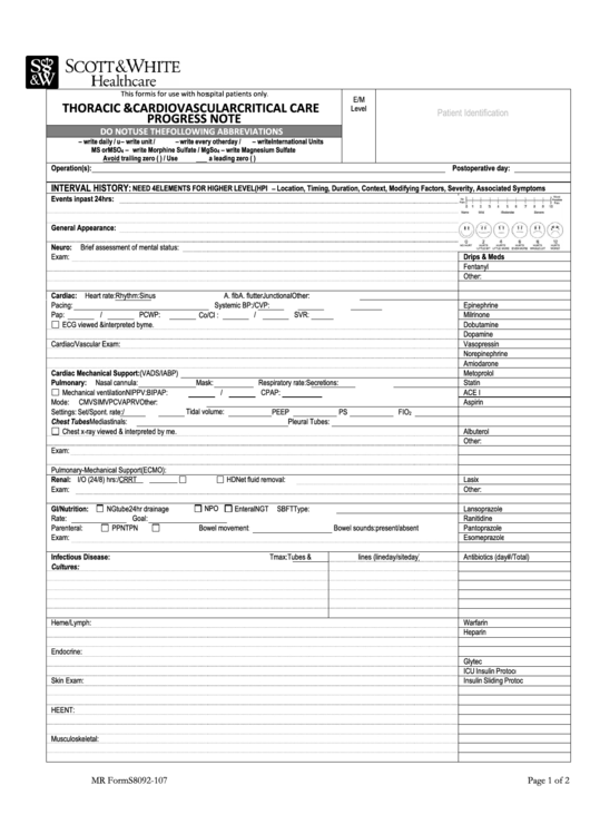 Fillable Thoracic & Cardiovascular Critical Care Progress Note Template Printable pdf