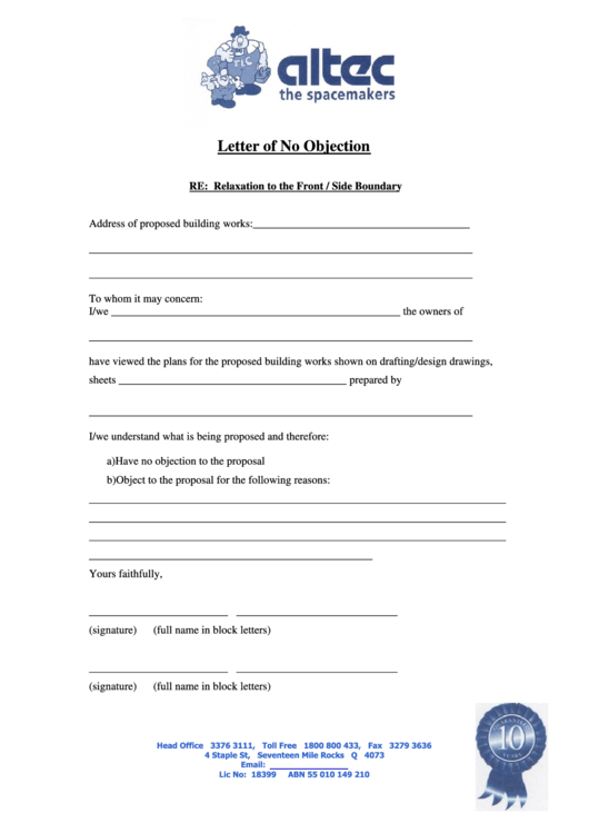 Letter Of No Objection Template Printable pdf