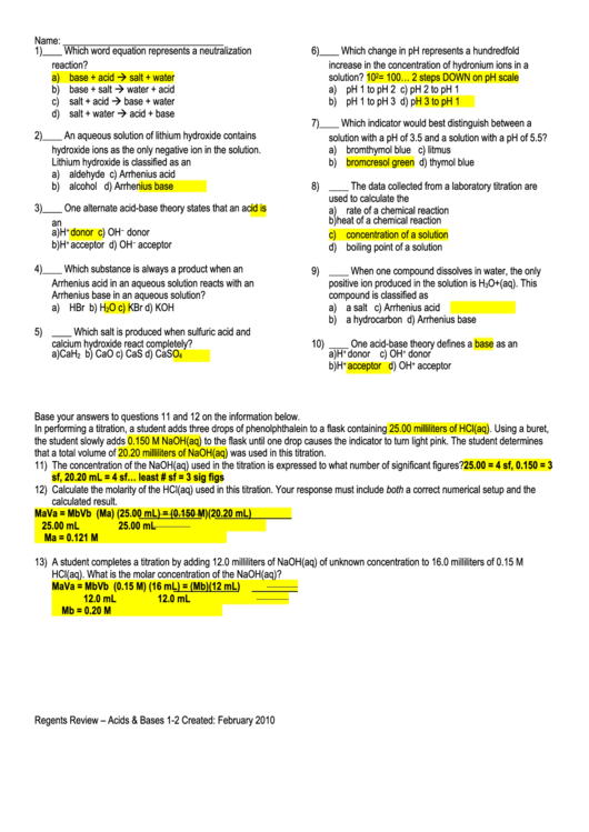 Regents Review Acids Bases Worksheet With Answers Printable Pdf Download