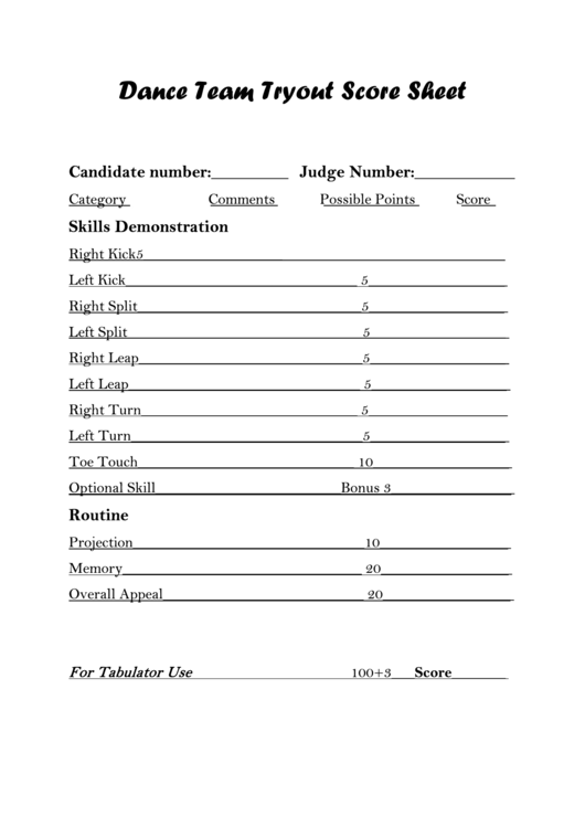 Dance Team Tryout Score Sheet Printable pdf