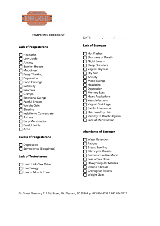 Female Symptoms Checklist Template Printable pdf