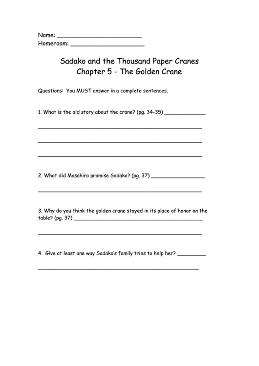 Sadako And The Thousand Paper Cranes (Reading Comprehension Worksheet) Printable pdf