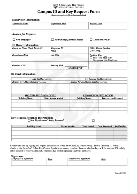 Fillable Campus Id And Key Request Form Printable pdf