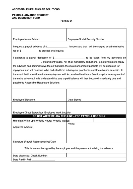 Form E-64 - Payroll Advance Request And Deduction Form Printable pdf
