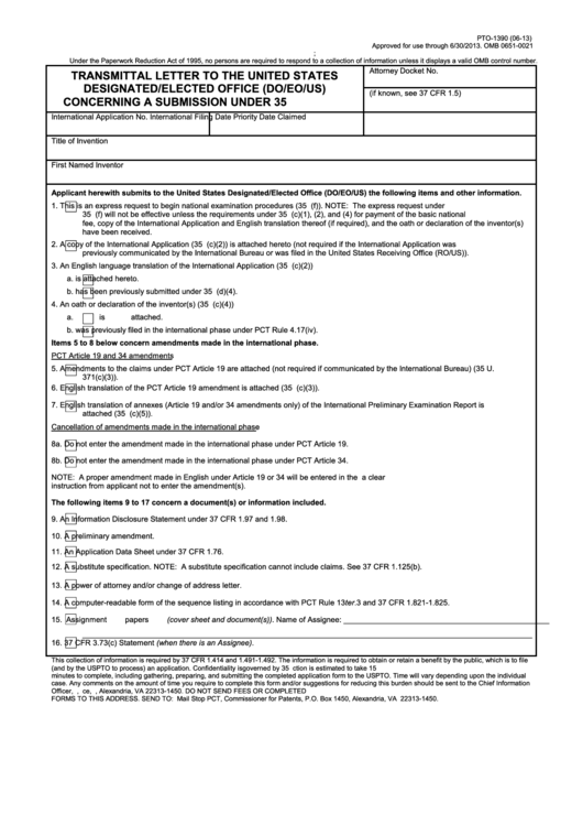 Form Pto-1390 - Transmittal Letter To The United States Designated/elected Office (do/eo/us) Concerning A Submission - 2013