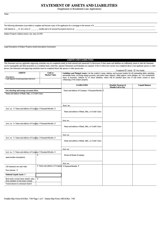 Fillable Statement Of Assets And Liabilities - Supplement To Residential Loan Application 2005 Printable pdf