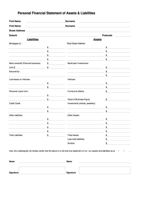 Personal Financial Statement Of Assets Liabilities Template Printable pdf