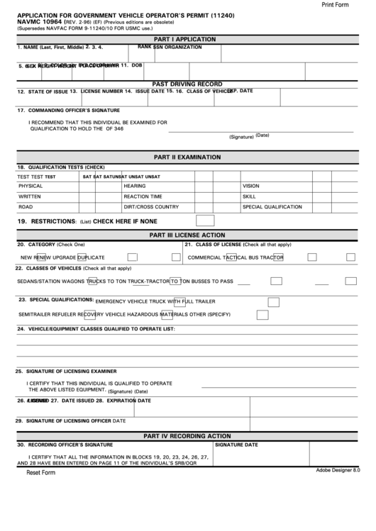 Fillable Application For Government Vehicle Operator S Permit (11240) Printable pdf