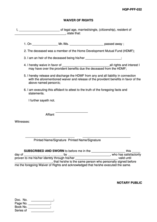 Hqp-Pff-032 Waiver Of Rights Printable pdf