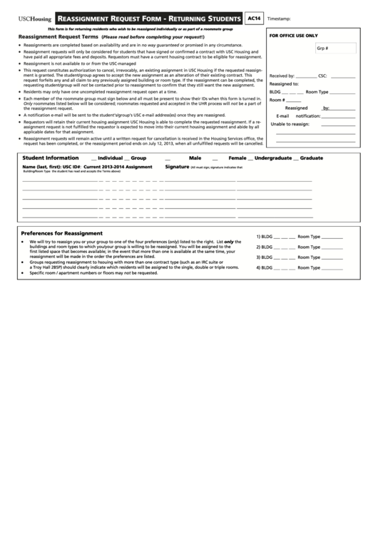 Reassignment Request Form -Ac14 - Usc Housing Printable pdf