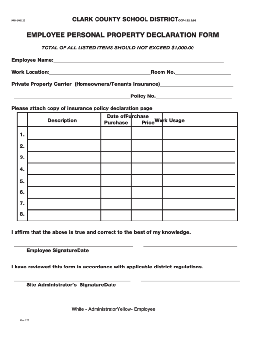 Fillable Employee Personal Property Declaration Form Ccf-122 - Clark County School District Printable pdf