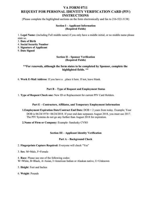 Va Form 0711 - Request For Personal Identity Verification Card (Piv ...