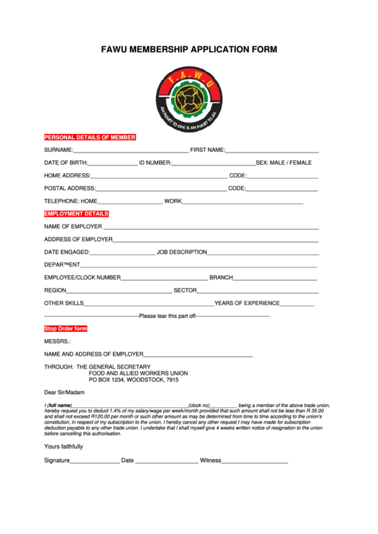 Fawu Membership Application Form Printable pdf