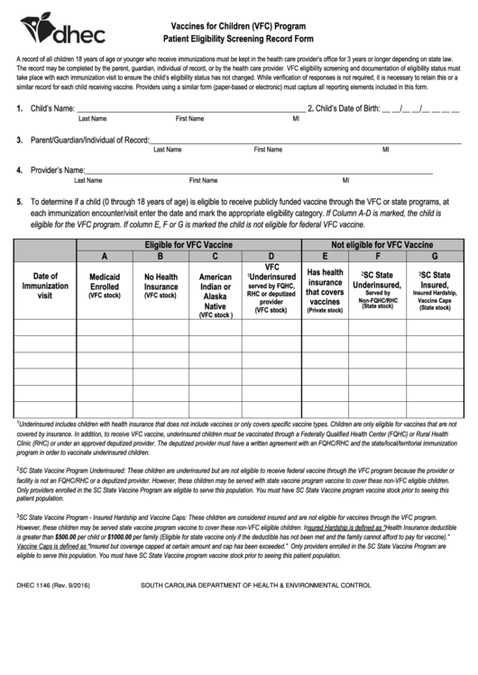 Form Dhec 1146 - Vaccines For Children (Vfc) Program Patient Eligibility Screening Record Form Printable pdf