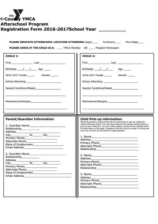 Tri-County Ymca Afterschool Program Registration Form - 2016-2017 Printable pdf