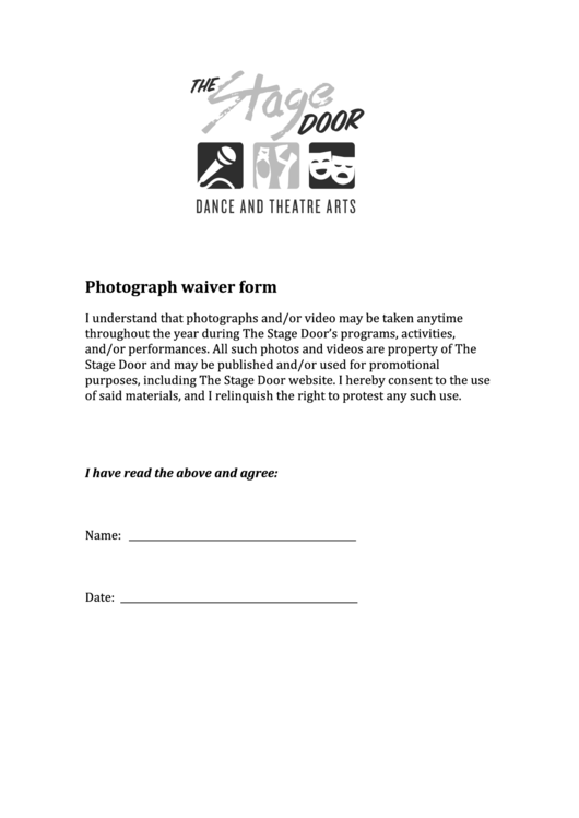 Photograph Waiver Form - The Stage Door Dance And Theatre Arts Printable pdf