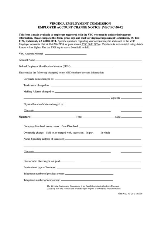 Fillable Employer Account Change Notice (Vec Fc-20-C) - Virginia Employment Commission Printable pdf
