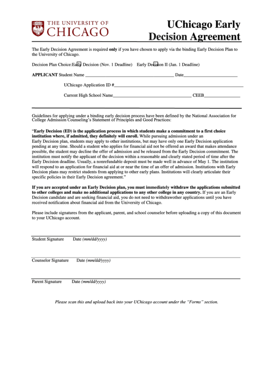 Uchicago Early Decision Agreement - College Admissions Printable pdf