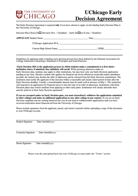 Uchicago Early Decision Agreement College Admissions Printable Pdf 