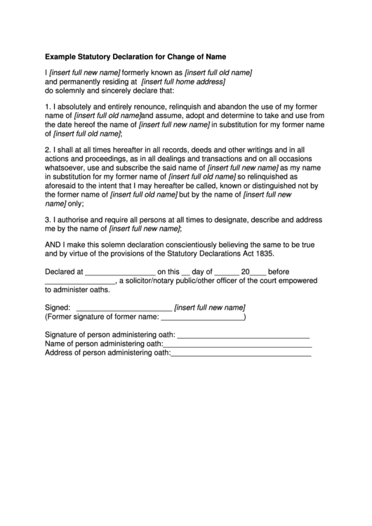 Example Statutory Declaration For Change Of Name Form Printable pdf