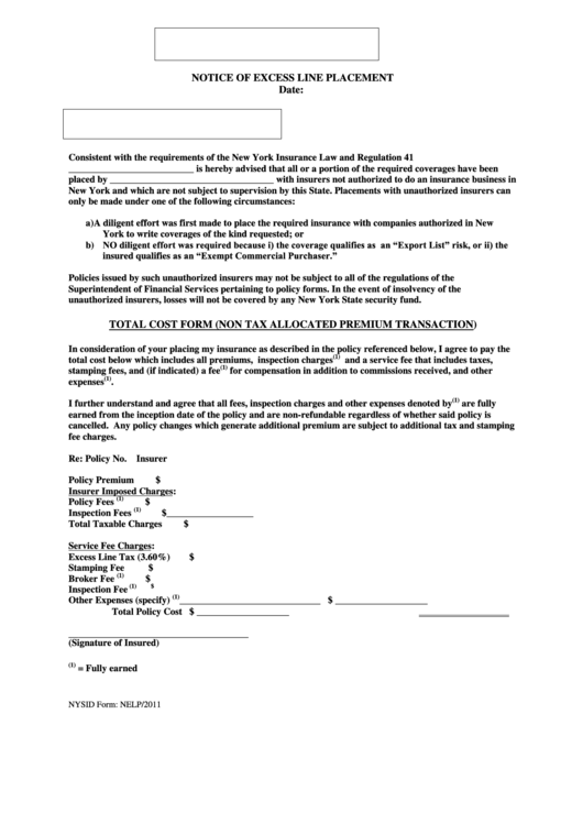 Notice Of Excess Line Placement Printable pdf