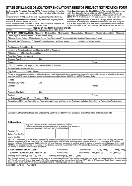 Fillable Form Il532-1296 - Demolition/renovation/asbestos Project Notification Form Printable pdf
