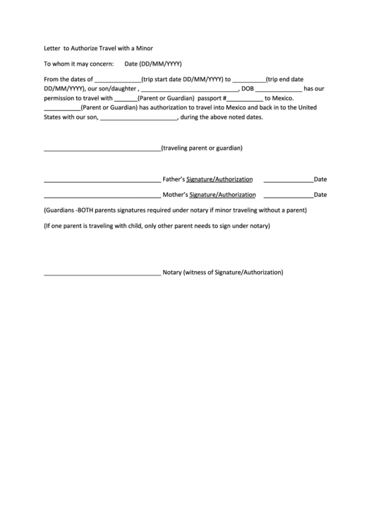 Letter To Authorize Travel With A Minor Printable pdf