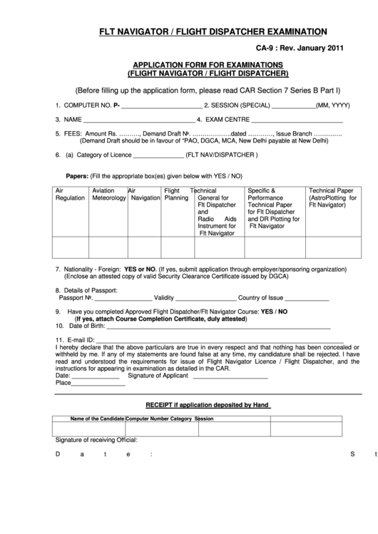 Flt Navigator / Flight Dispatcher Examination - Application Form For Examinations Printable pdf