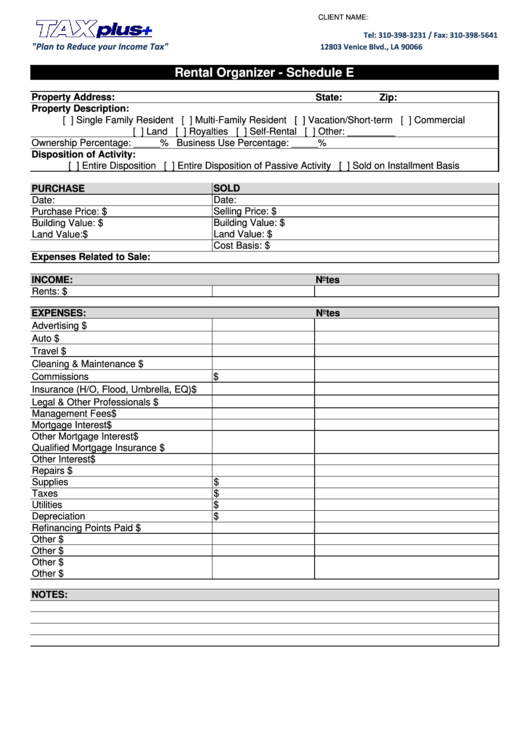 Fillable Rental Tax Organizer Template - Schedule E Printable pdf