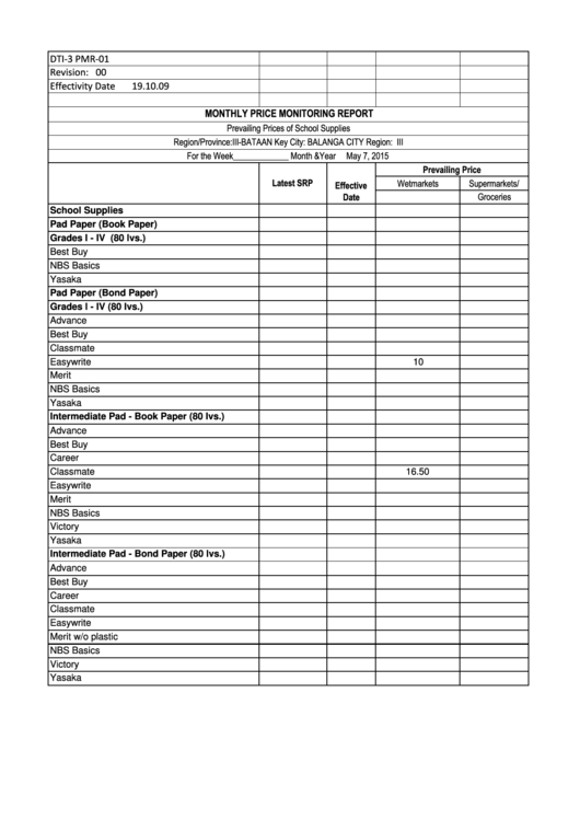 Monthly Price Monitoring Report Printable pdf