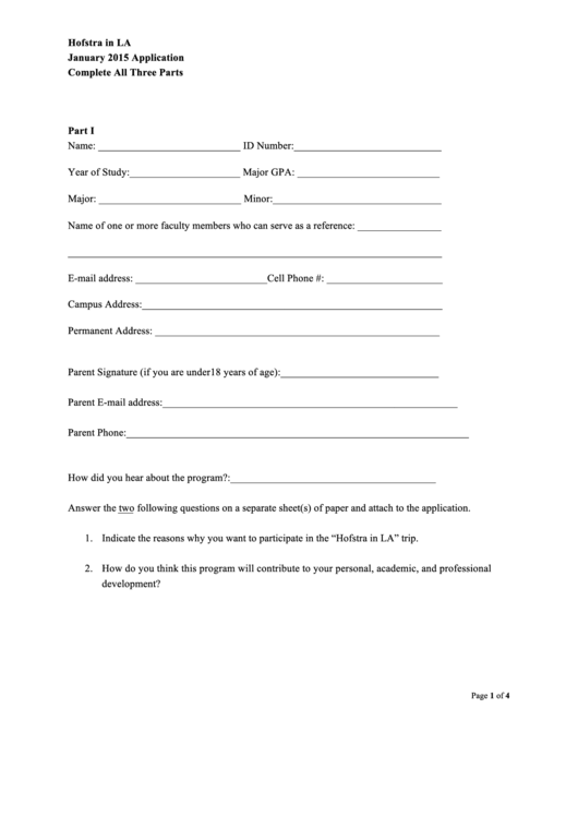 Hofstra In La - January 2015 Application - Complete All Three Parts Printable pdf