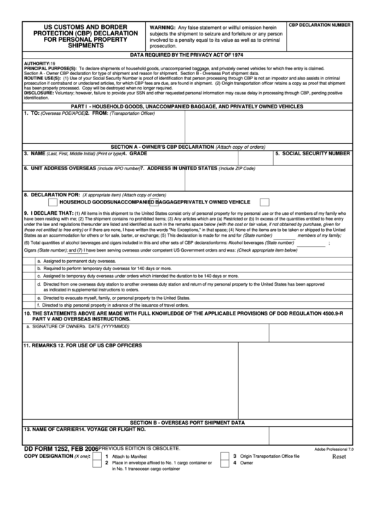 Fillable Dd Form 1252, Us Cbp Declaration For Personal Property Shipments Printable pdf