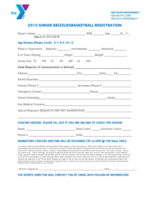 2015 Junior Grizzlies Basketball Registration - Ymca Printable pdf
