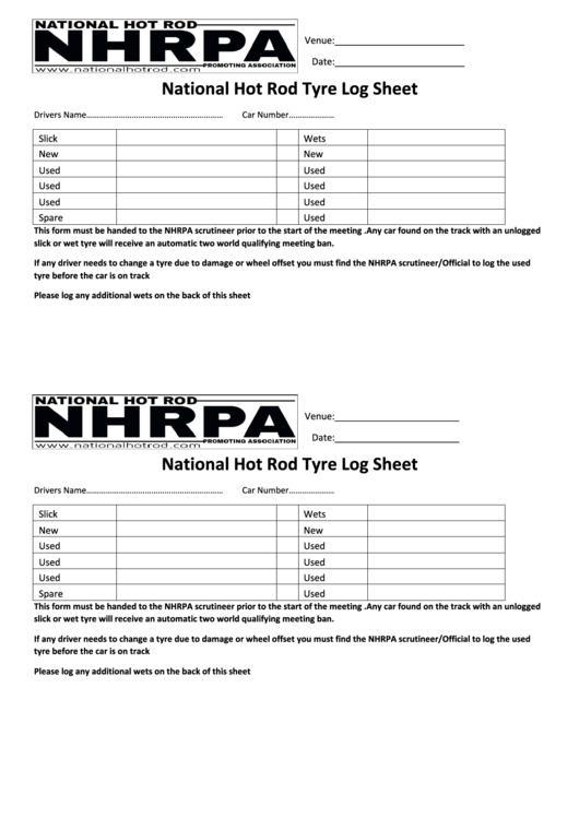 National Hot Rod Tyre Log Sheet Printable pdf