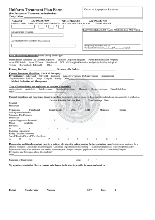 Uniform Treatment Plan Form Printable pdf