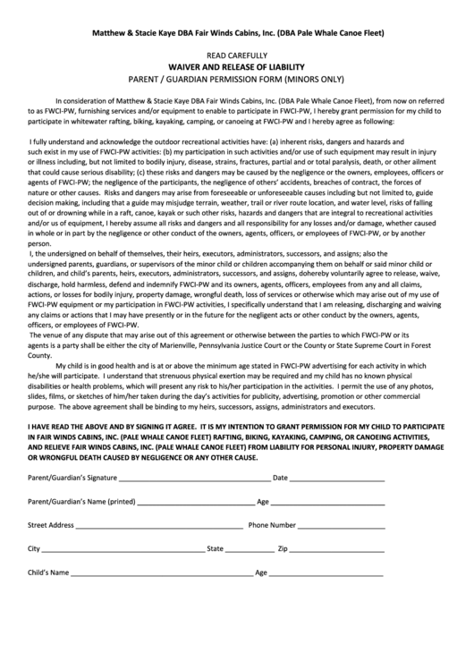 Parent/guardian Permission Form (Minors Only) Printable pdf