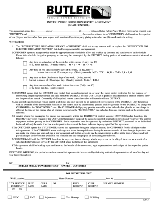 Fillable Interruptible Irrigation Service Agreement Printable pdf