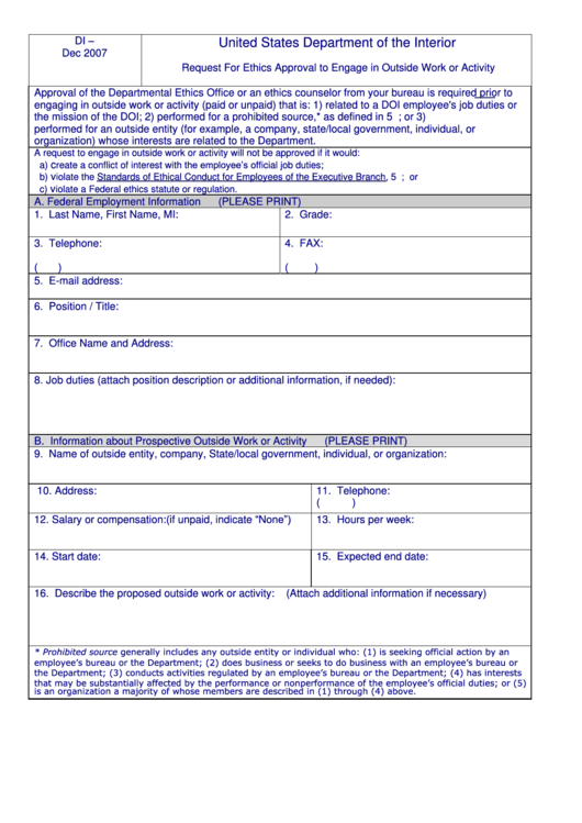 Fillable Request For Ethics Approval To Engage In Outside Work Or Activity - United States Department Of The Interior Printable pdf
