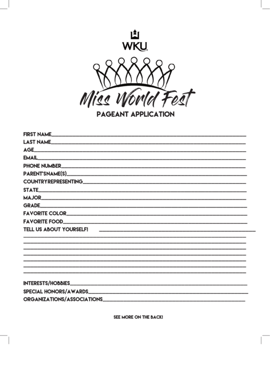 Miss World Fest - Wku Pageant Application Printable pdf