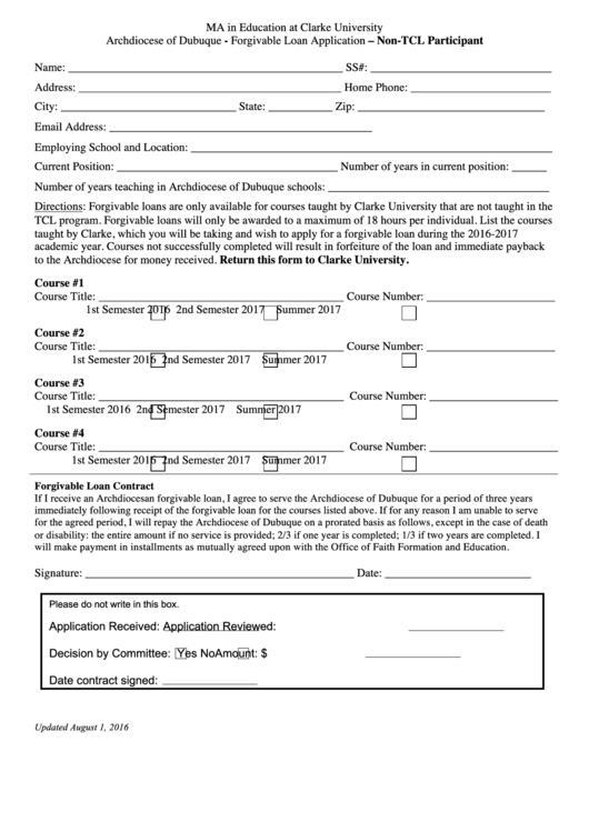 Forgivable Loan Application - Non-Tcl Participant (Archdiocese Of Dubuque) Printable pdf