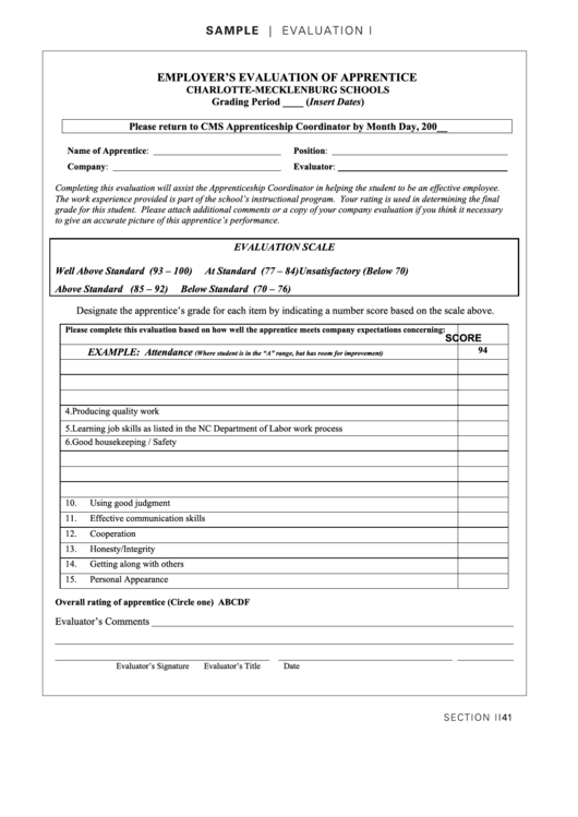 Employer S Evaluation Of Apprentice Charlotte-Mecklenburg Schools Printable pdf
