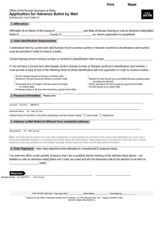 Fillable Application For Advance Ballot By Mail - Kansas Secretary Of State Printable pdf