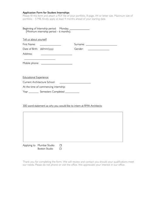 Student Internship Form - Rma Architects Printable pdf